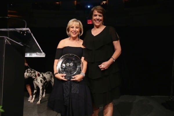 NEW YORK, NY - JUNE 09:  Honoree/London Jewelers President Candy Udell and President/CEO of Bideawee Nancy Taylor speak onstage during the Bideawee Masquerade Ball at Gotham Hall on June 9, 2014 in New York City.  (Photo by Neilson Barnard/Getty Images for Bideawee)